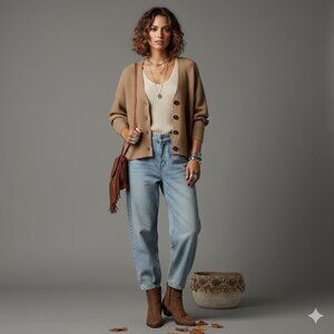 Apparis Women's Tan Oversized Cropped Ribbed Knit Button-Up Cardigan Size Medium